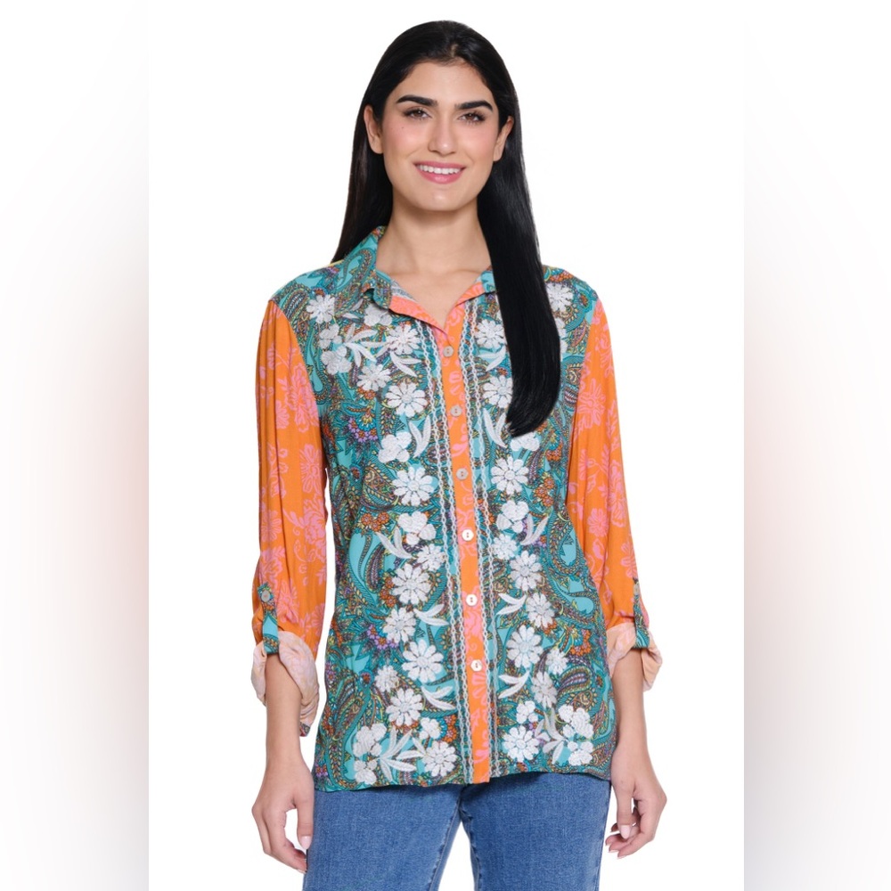 NWT John Mark Size PS Embroidered Mixed Print Button Up Top Rolled Up Sleeves